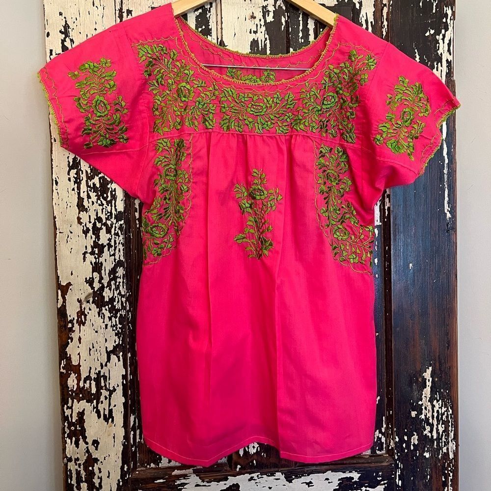 Women’s Handmade embroidered pink and green Boho Blouse. Size XS-S.